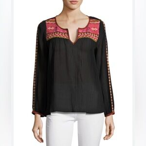 Joie Black Cosima 100% Cotton Embroidered Peasant Top, size XS